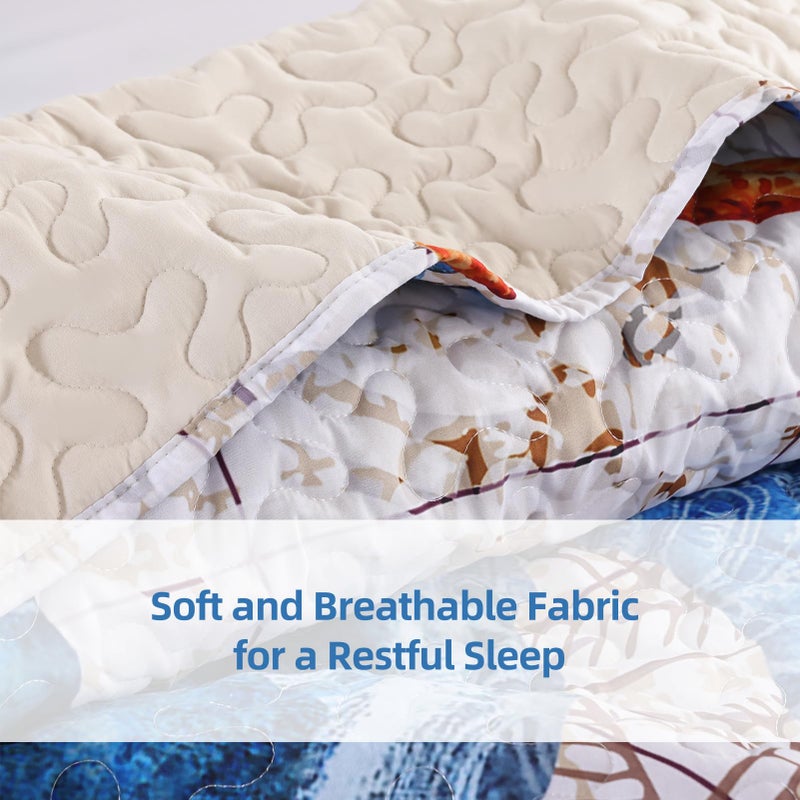 weigelia Coastal Quilts Bedding Set Queen Size - Summer Vintage Sea Turtles Nautical Bedding Quilt with Pillow Cases, Beach Reversible Quilt Set Bedspreads Coverlet Soft Lightweight Comforter - Image 5